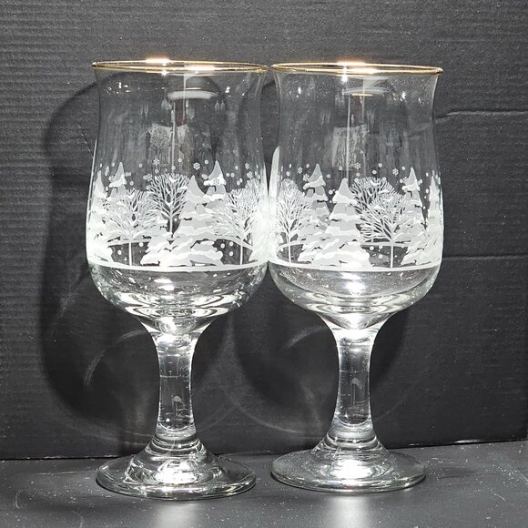 2 Lynns China Pines Water Goblets 7" gold winter scene white silhouette trees ho - Picture 1 of 7